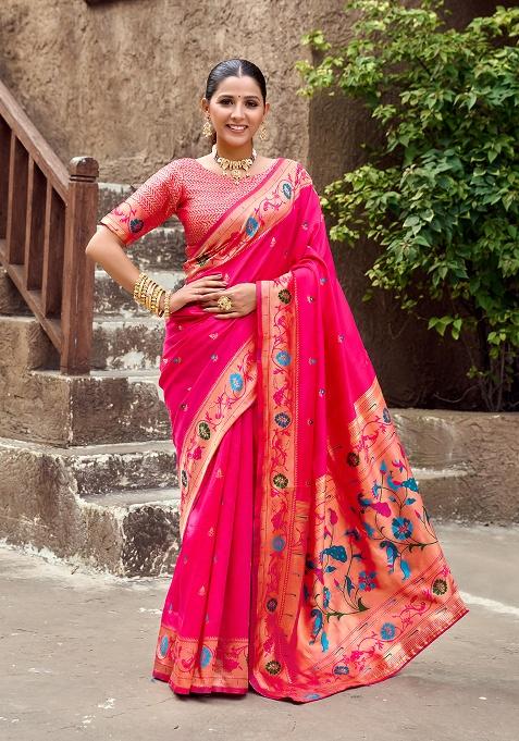 Magenta Woven Silk Saree Set