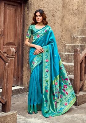 Sky Blue Woven Silk Saree Set