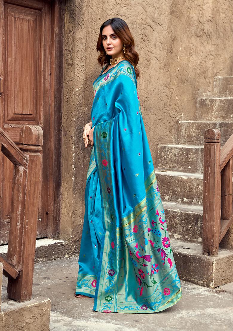 Sky Blue Woven Silk Saree Set - Indya
