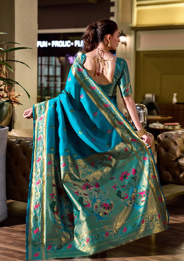 Sky Blue Woven Silk Saree Set - Indya