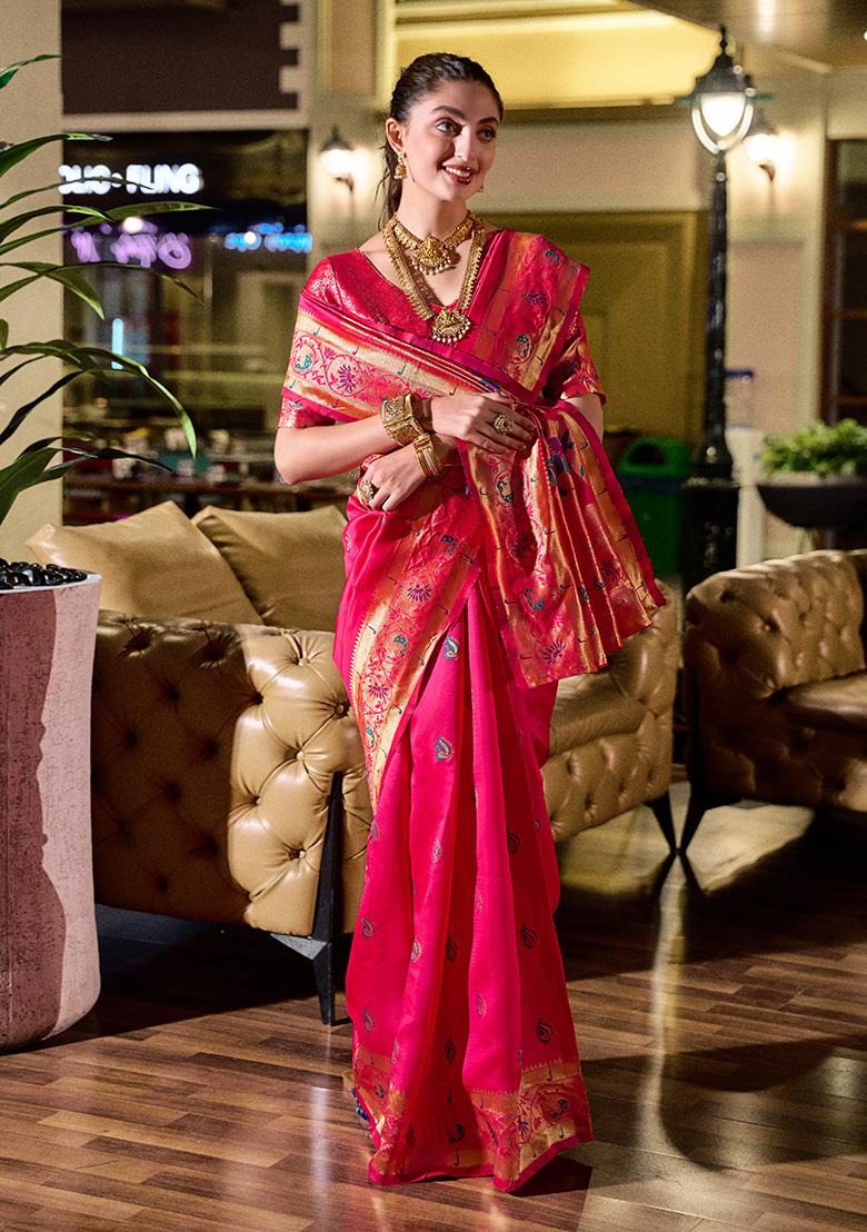 Magenta Woven Silk Saree Set - Indya