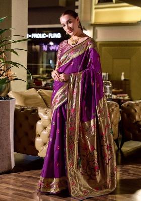 Purple Woven Silk Saree Set