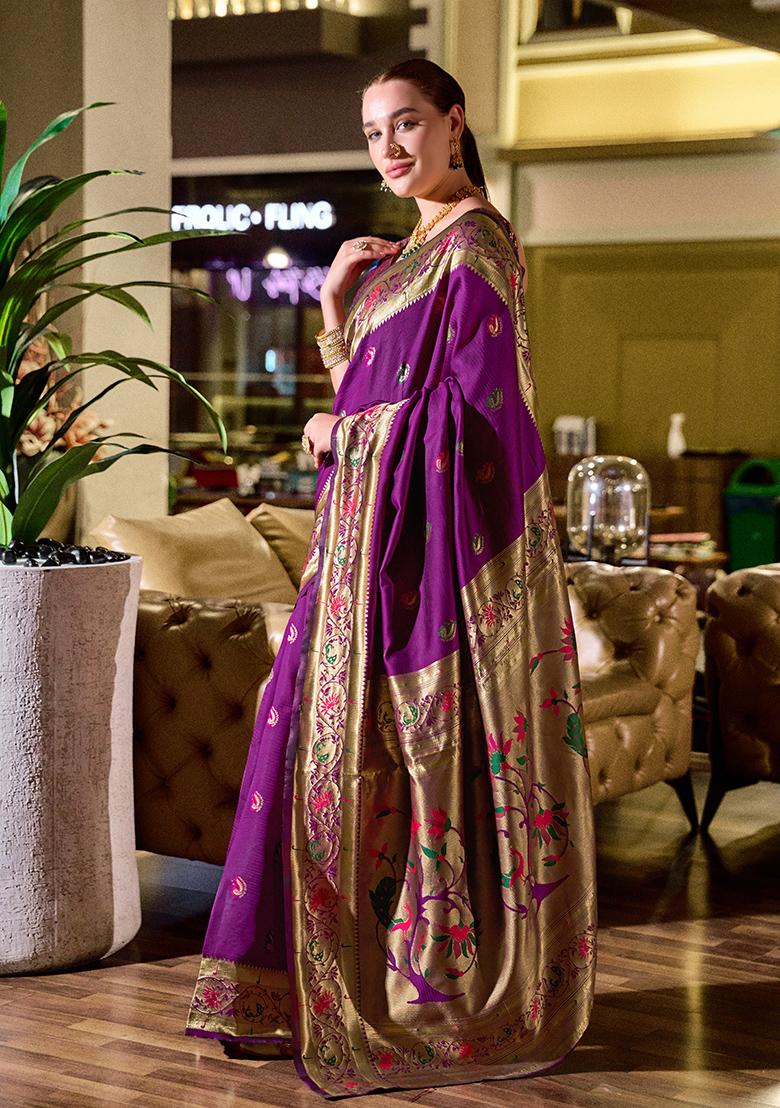 Purple Woven Silk Saree Set - Indya