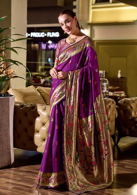 Purple Woven Silk Saree Set
