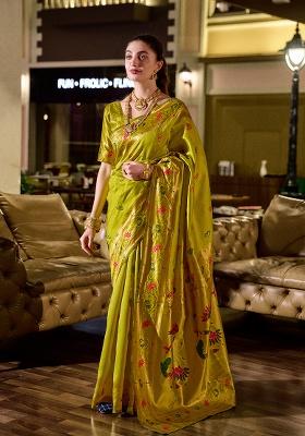 Parrot Green Woven Silk Saree Set