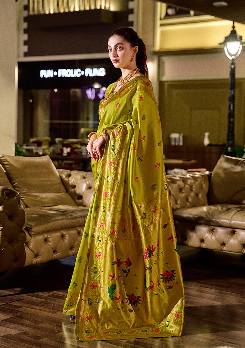 Parrot Green Woven Silk Saree Set - Indya
