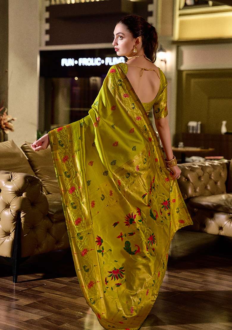 Parrot Green Woven Silk Blend Saree Set - Indya