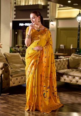 Yellow Woven Silk Saree Set