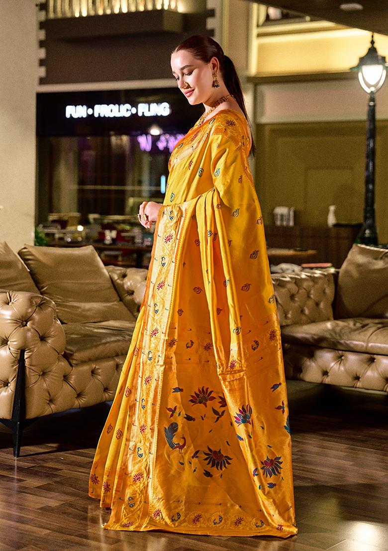 Yellow Woven Silk Saree Set - Indya