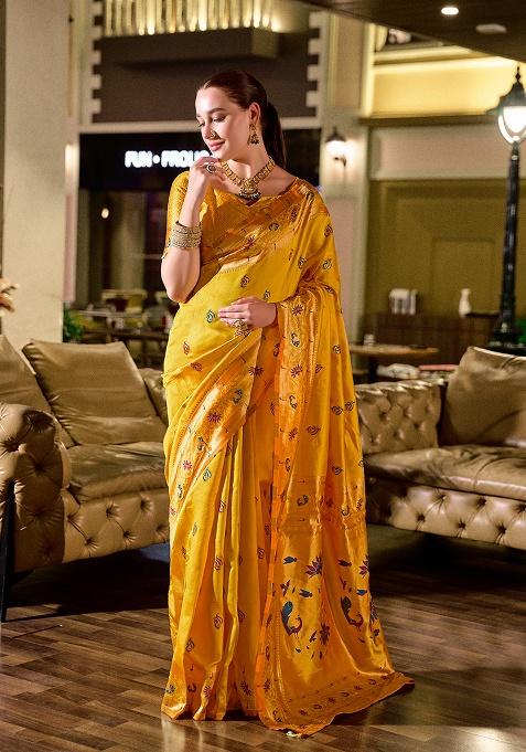 Yellow Woven Silk Saree Set