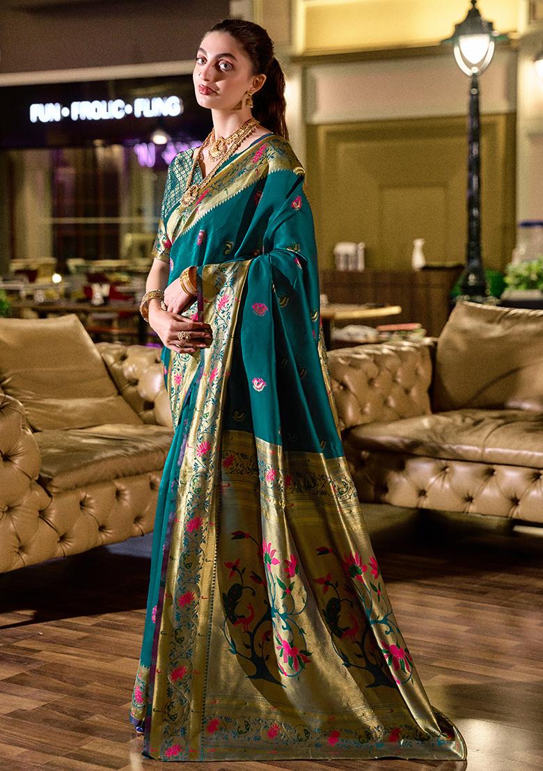 Teal Blue Woven Silk Saree Set - Indya