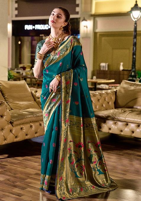 Teal Blue Woven Silk Saree Set — view on Indya