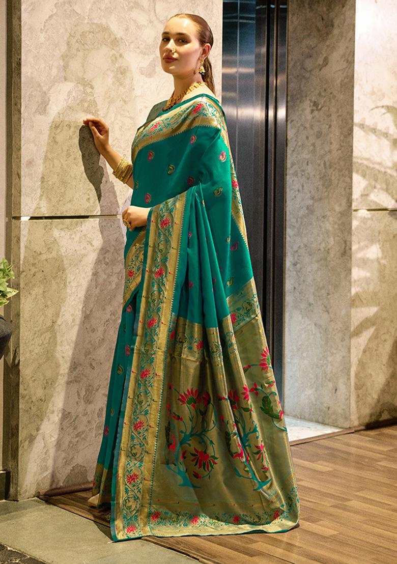 Sea Green Woven Silk Saree Set - Indya