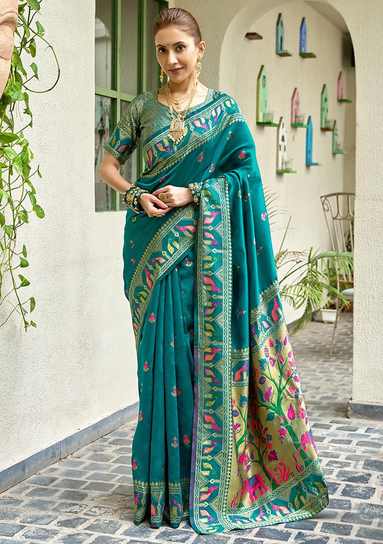 Teal Woven Silk Saree Set - Indya