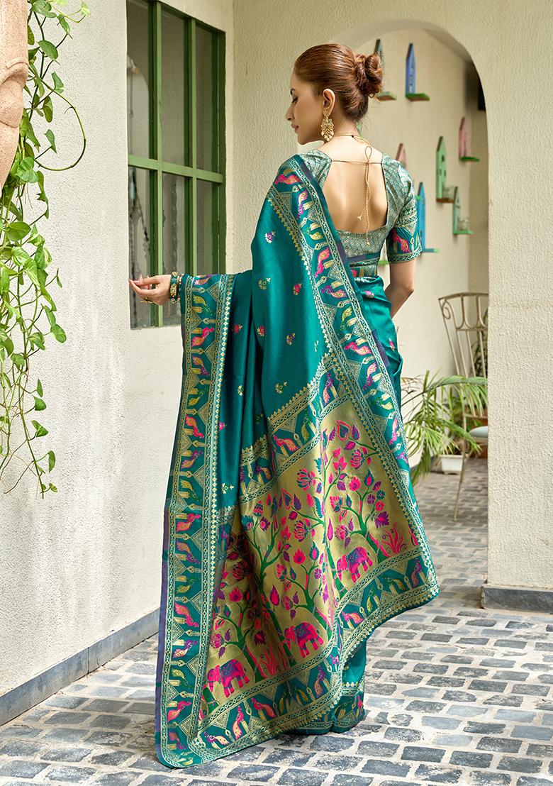 Teal Woven Silk Saree Set - Indya