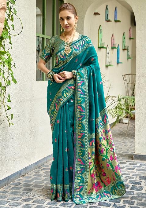 Teal Woven Silk Saree Set