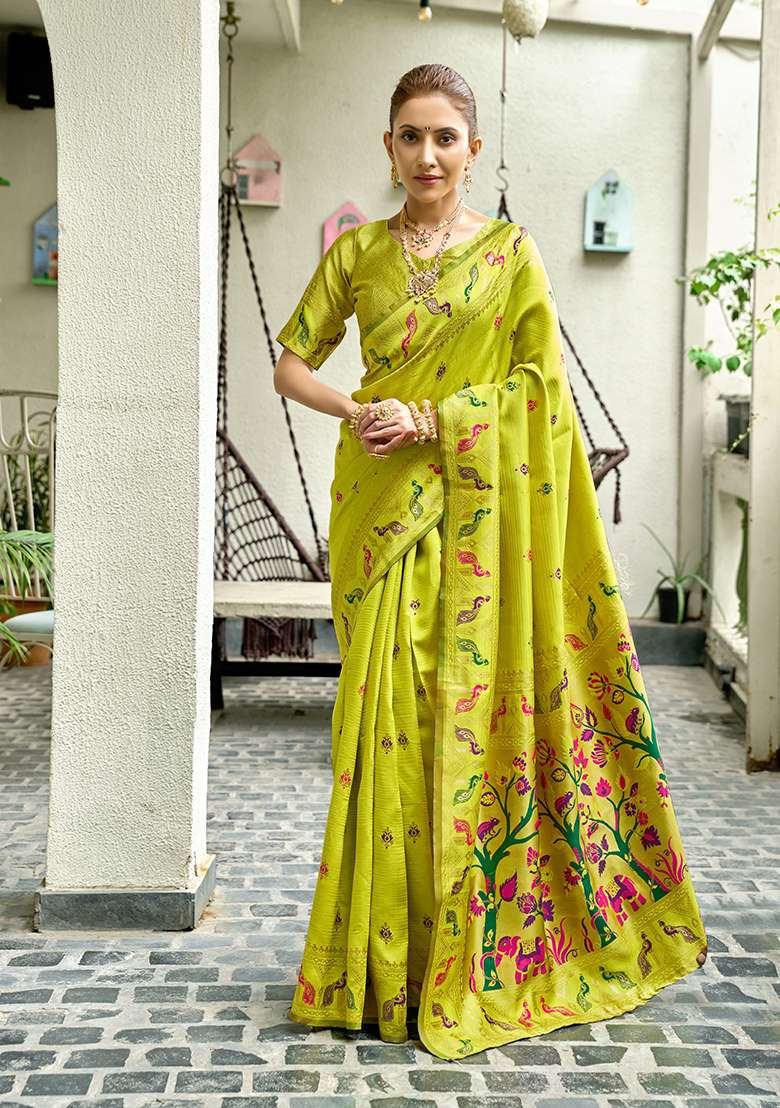 Parrot Green Woven Silk Blend Saree Set - Indya