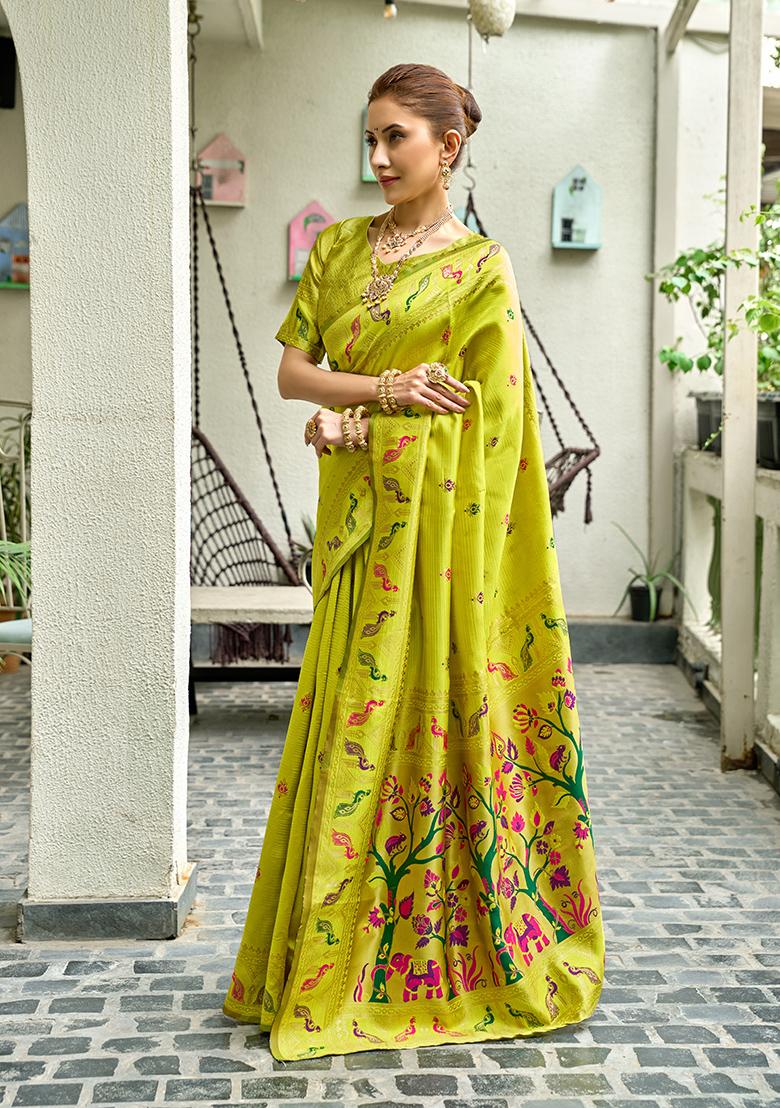 Parrot Green Woven Silk Saree Set - Indya