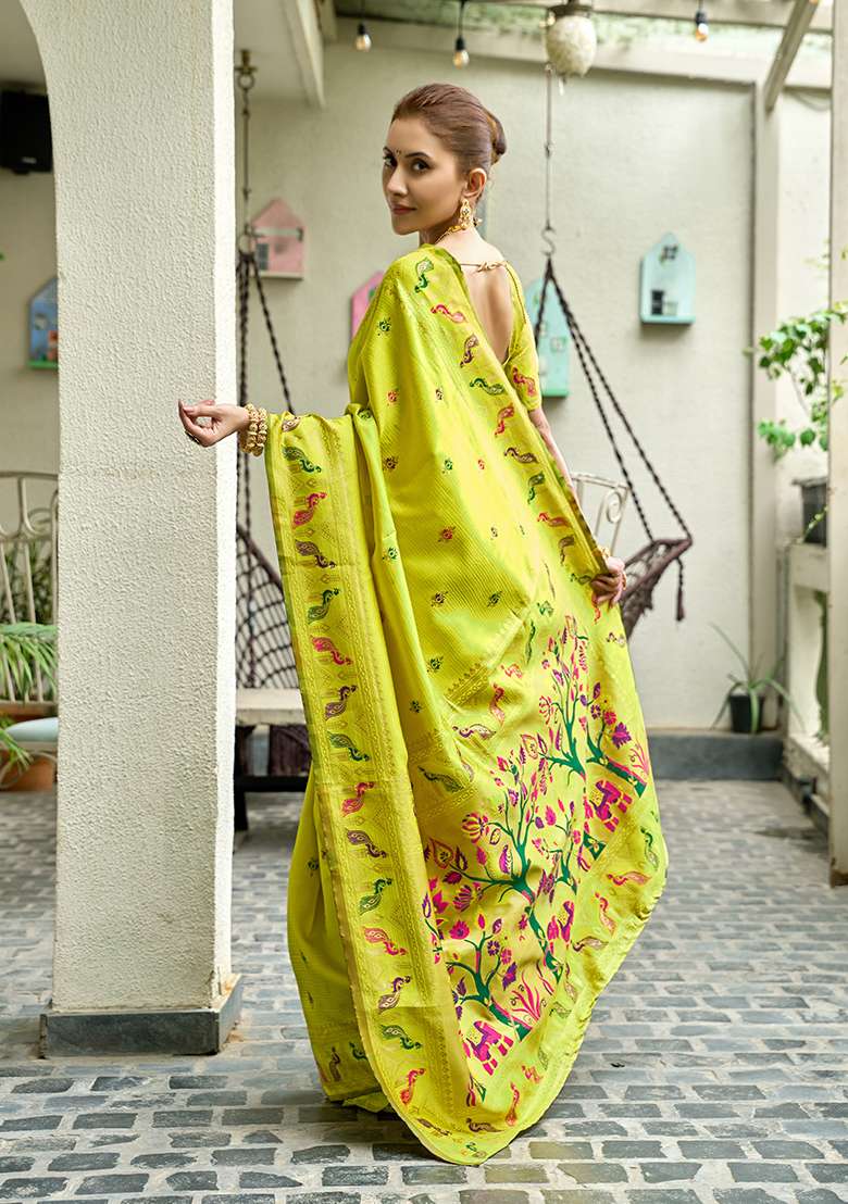 Parrot Green Woven Silk Blend Saree Set - Indya