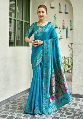 Sky Blue Woven Silk Saree Set
