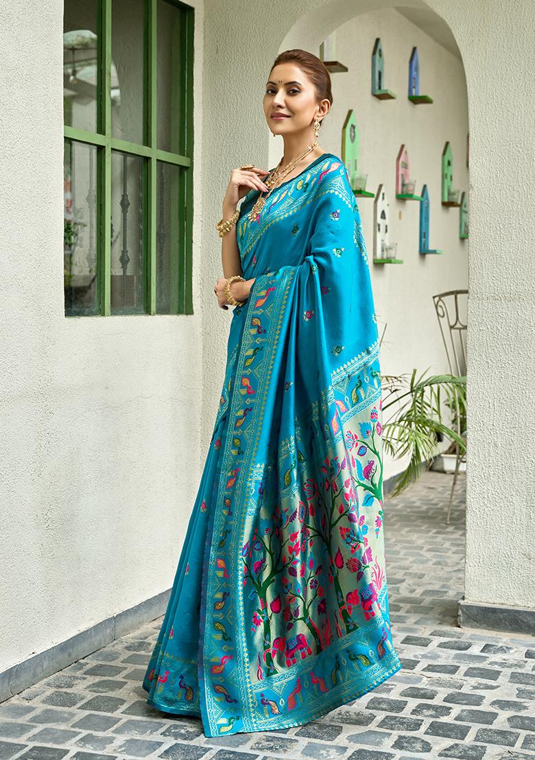 Sky Blue Woven Silk Saree Set - Indya