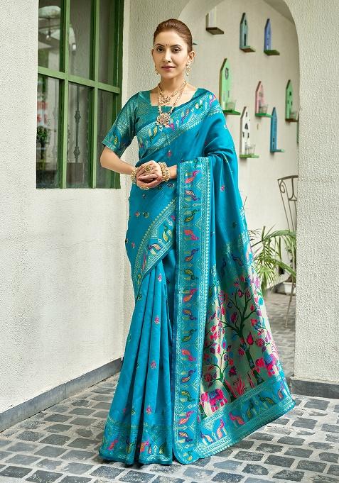 Sky Blue Woven Silk Saree Set