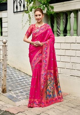 Magenta Woven Silk Saree Set