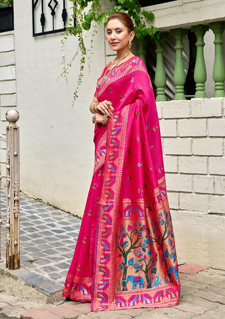 Magenta Woven Silk Saree Set - Indya