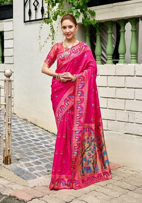 Magenta Woven Silk Saree Set