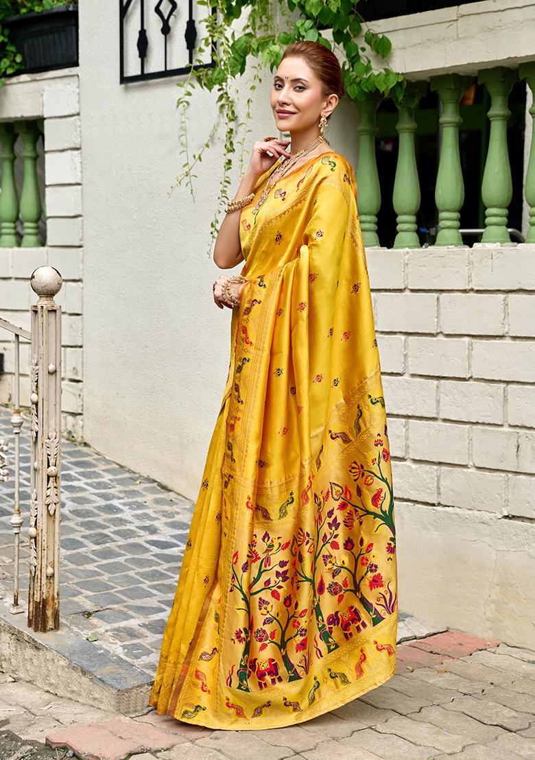 Yellow Woven Silk Saree Set - Indya