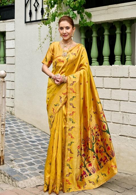 Yellow Woven Silk Saree Set