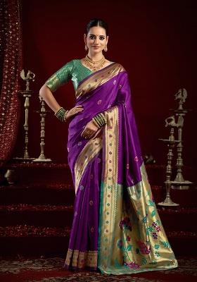 Purple Woven Silk Saree Set