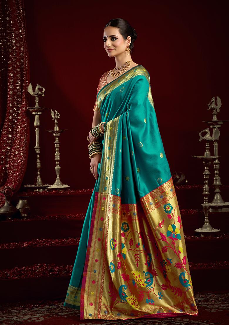 Sea Green Woven Silk Saree Set - Indya