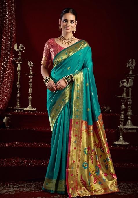 Sea Green Woven Silk Saree Set