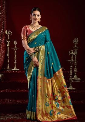 Teal Woven Silk Saree Set