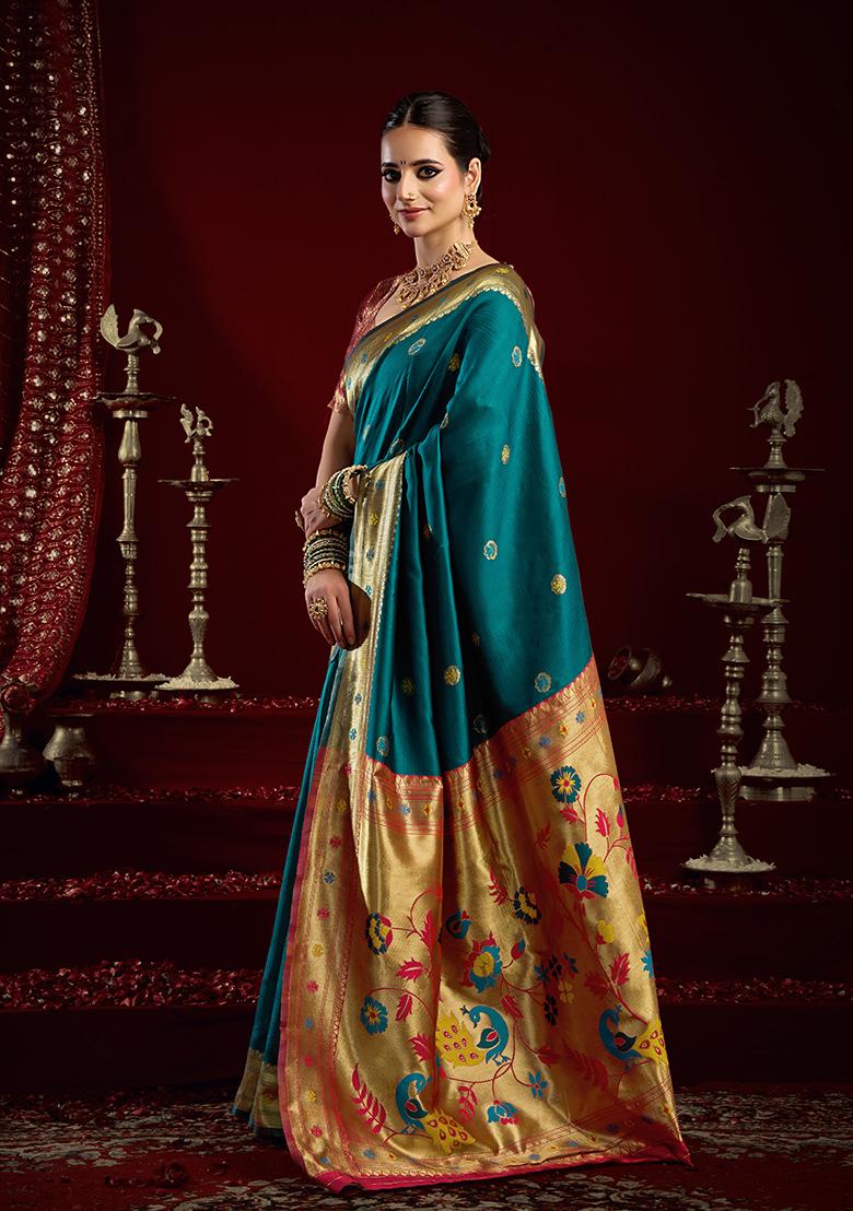 Teal Woven Silk Saree Set - Indya