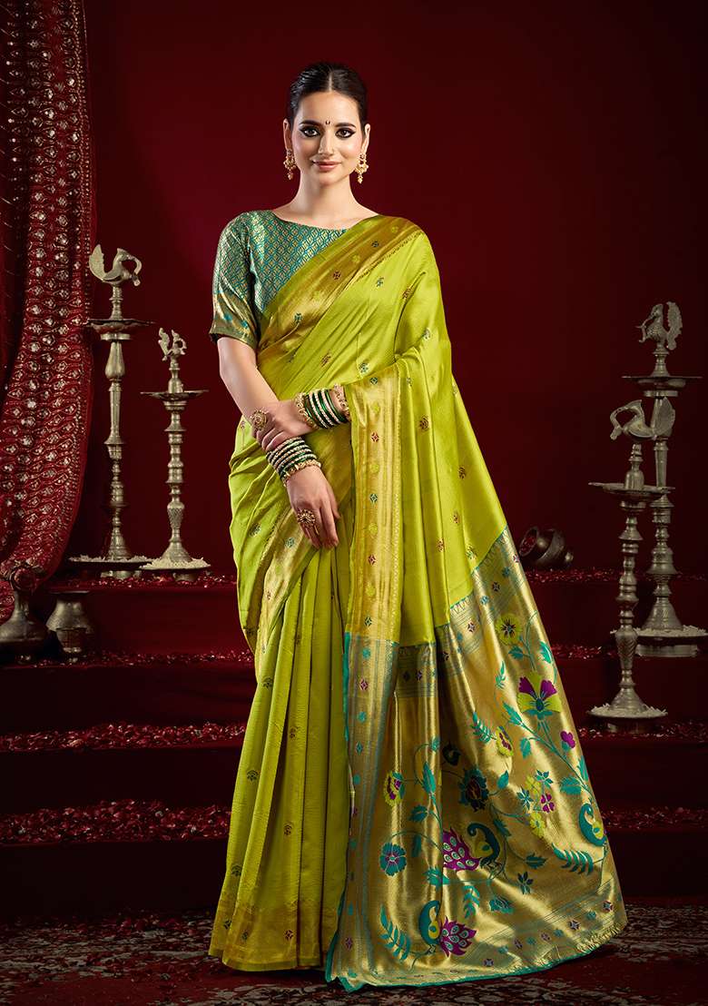 Parrot Green Woven Silk Blend Saree Set - Indya