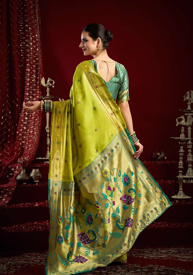 Parrot Green Woven Silk Blend Saree Set - Indya
