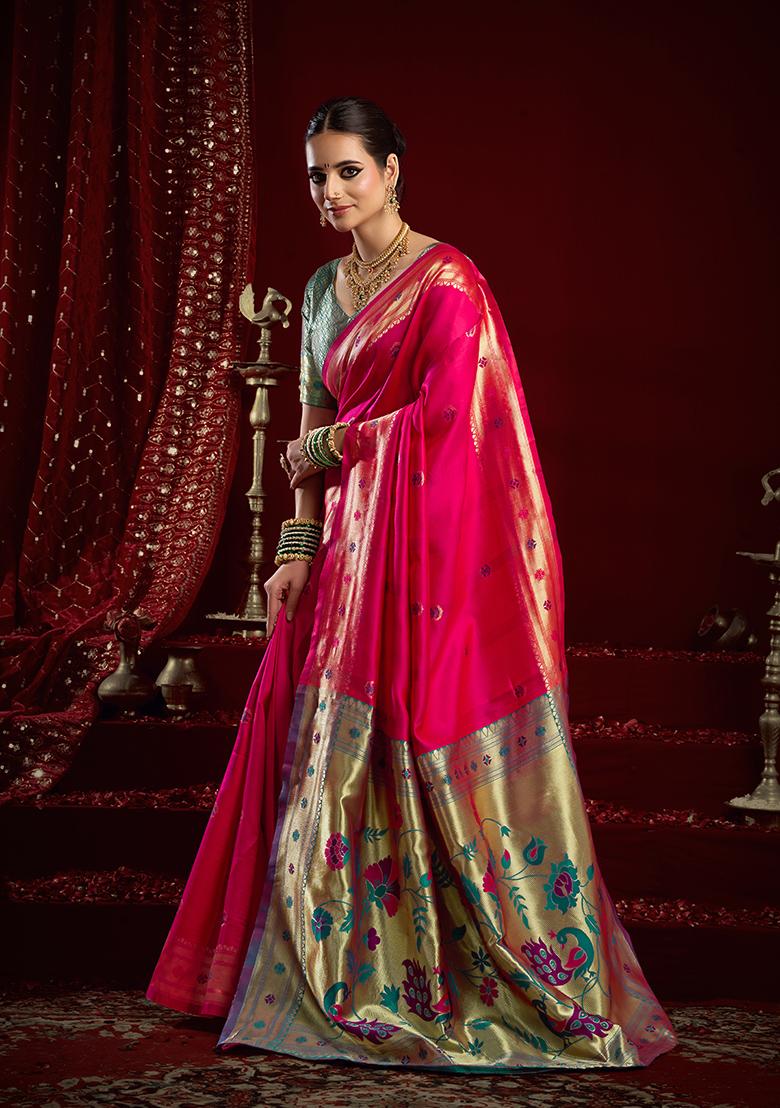 Magenta Woven Silk Saree Set - Indya