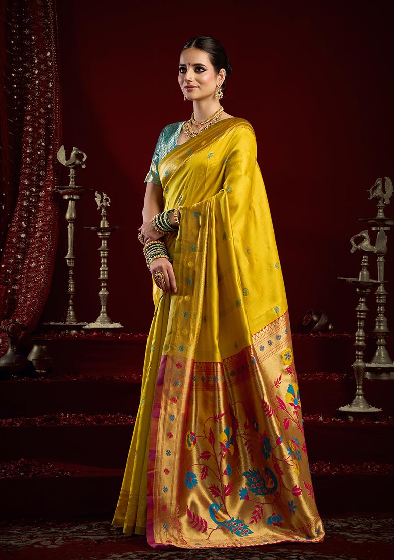 Yellow Woven Silk Saree Set - Indya