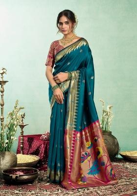 Teal Woven Silk Saree Set