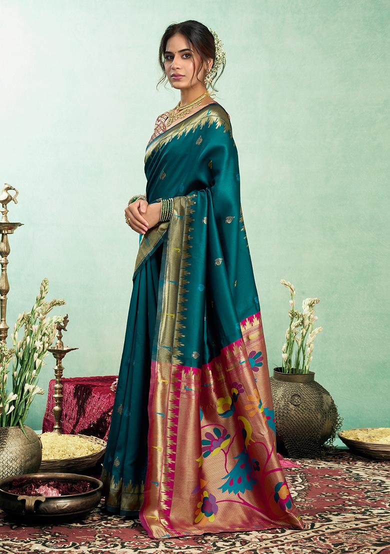 Teal Woven Silk Saree Set - Indya