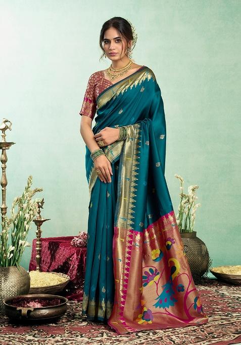 Teal Woven Silk Saree Set
