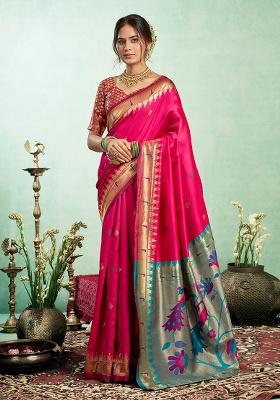 Magenta Woven Silk Saree Set