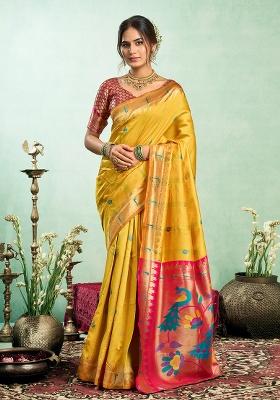 Yellow Woven Silk Saree Set