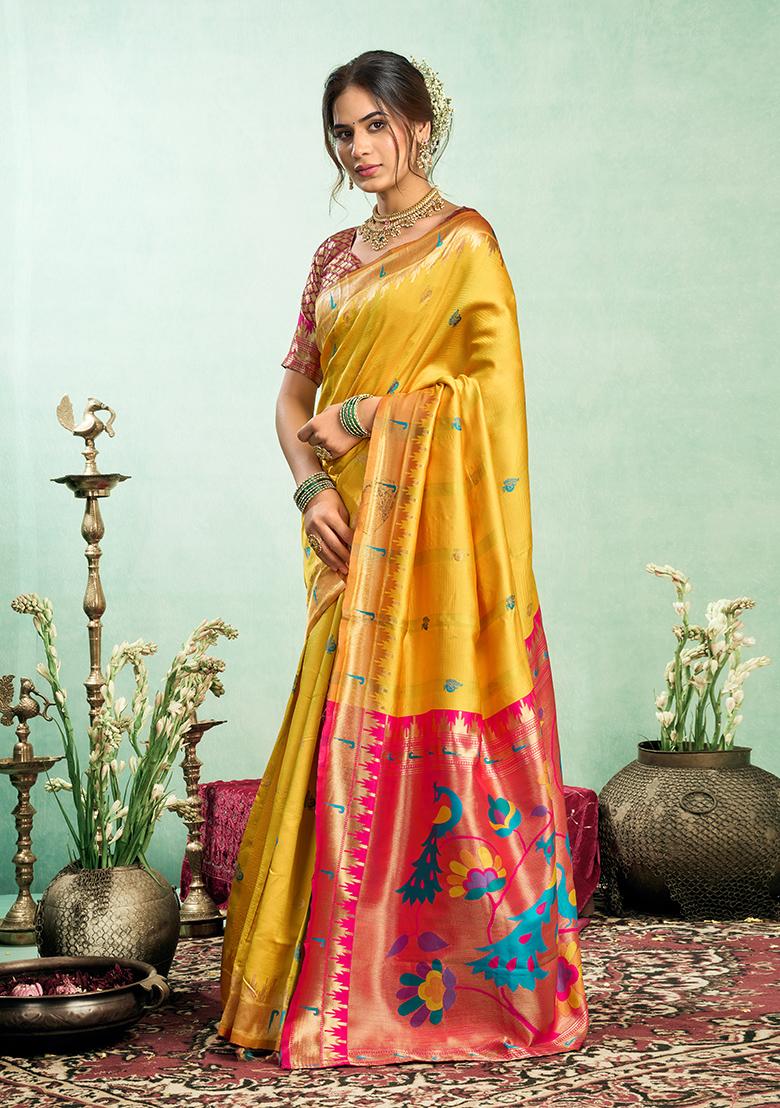 Yellow Woven Silk Saree Set - Indya