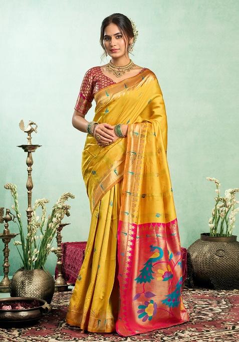 Yellow Woven Silk Saree Set