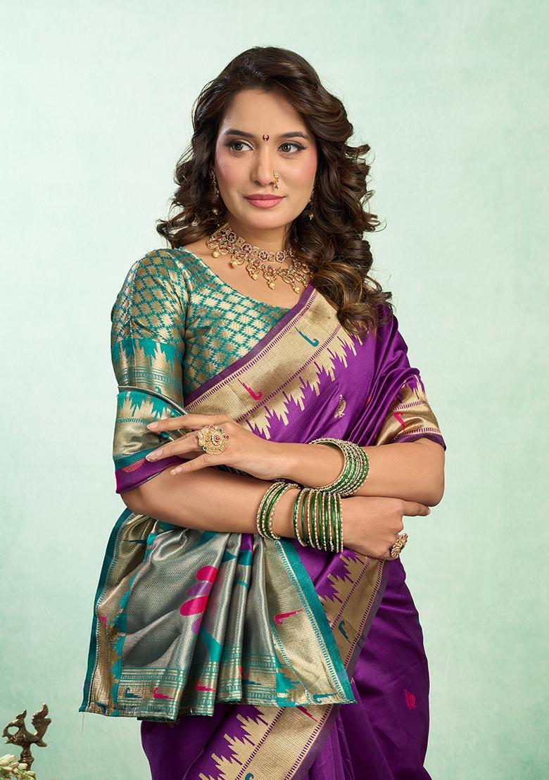 Purple Woven Silk Saree Set - Indya