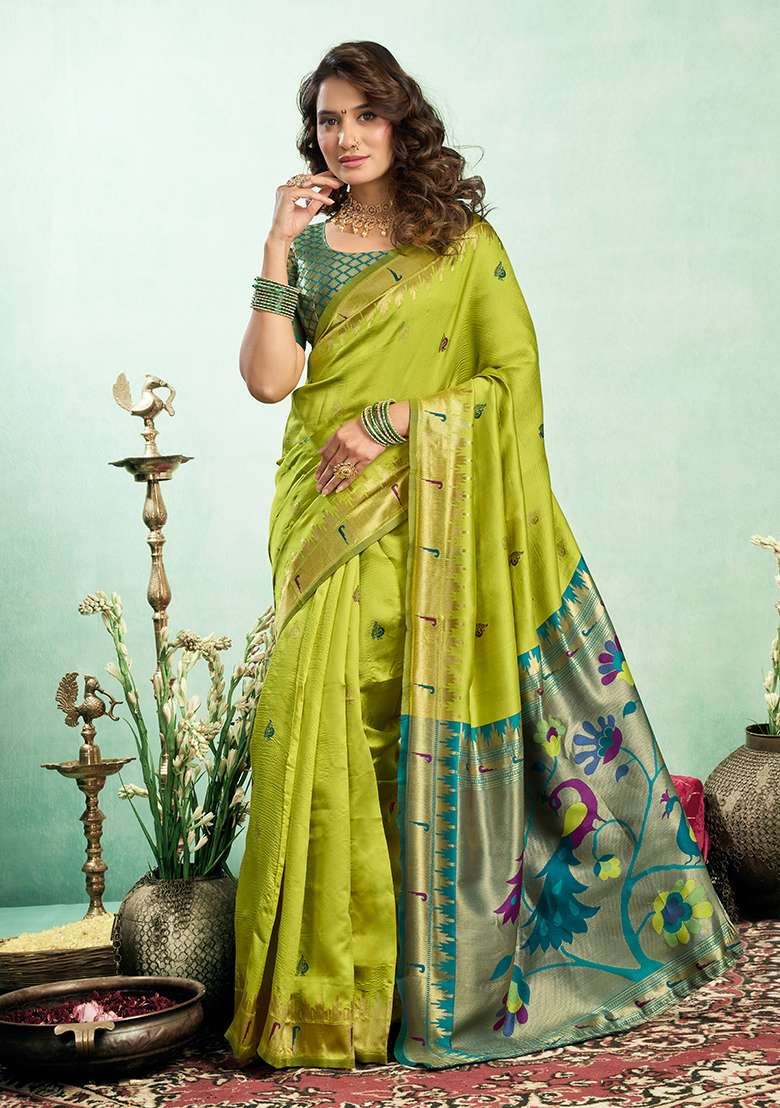 Parrot Green Woven Silk Blend Saree Set - Indya