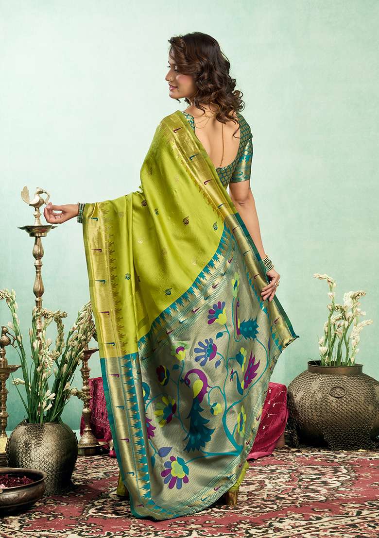 Parrot Green Woven Silk Blend Saree Set - Indya
